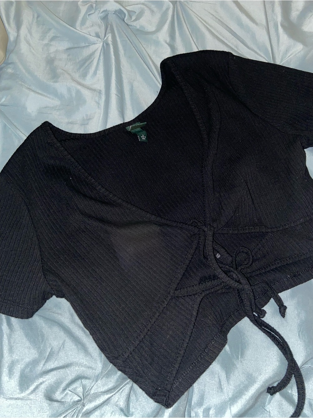 Talbots Black Ribbed Tie-Front Crop Top